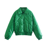 Green Faux Leather Cotton Padded Coat Polo Collar Plaid Cotton Coat Jacket Cardigan